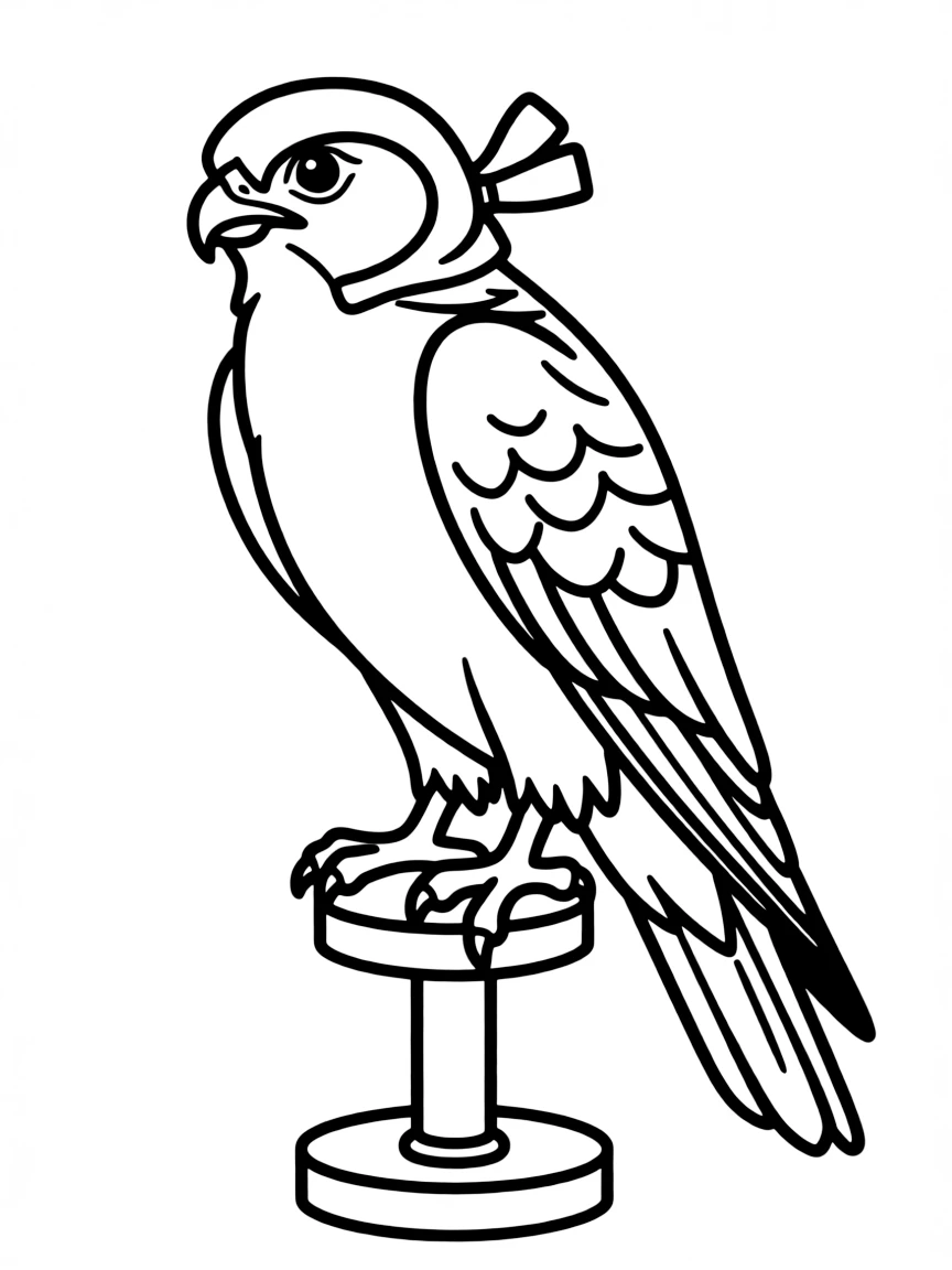 (Qatar) A falcon perched on its stand wearing a hood (falconry is a traditional Qatari sport)