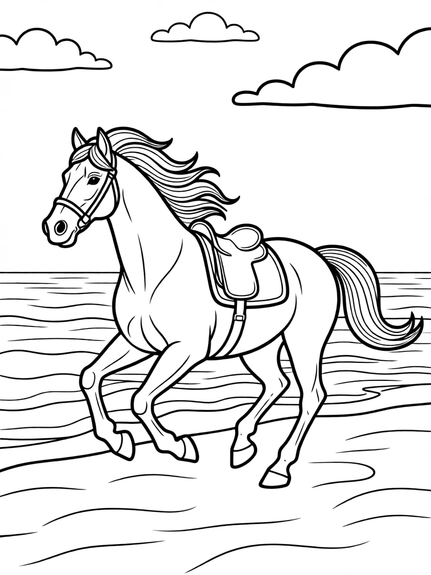 (Qatar) An Arabian horse with a flowing mane galloping along a beach by the sea