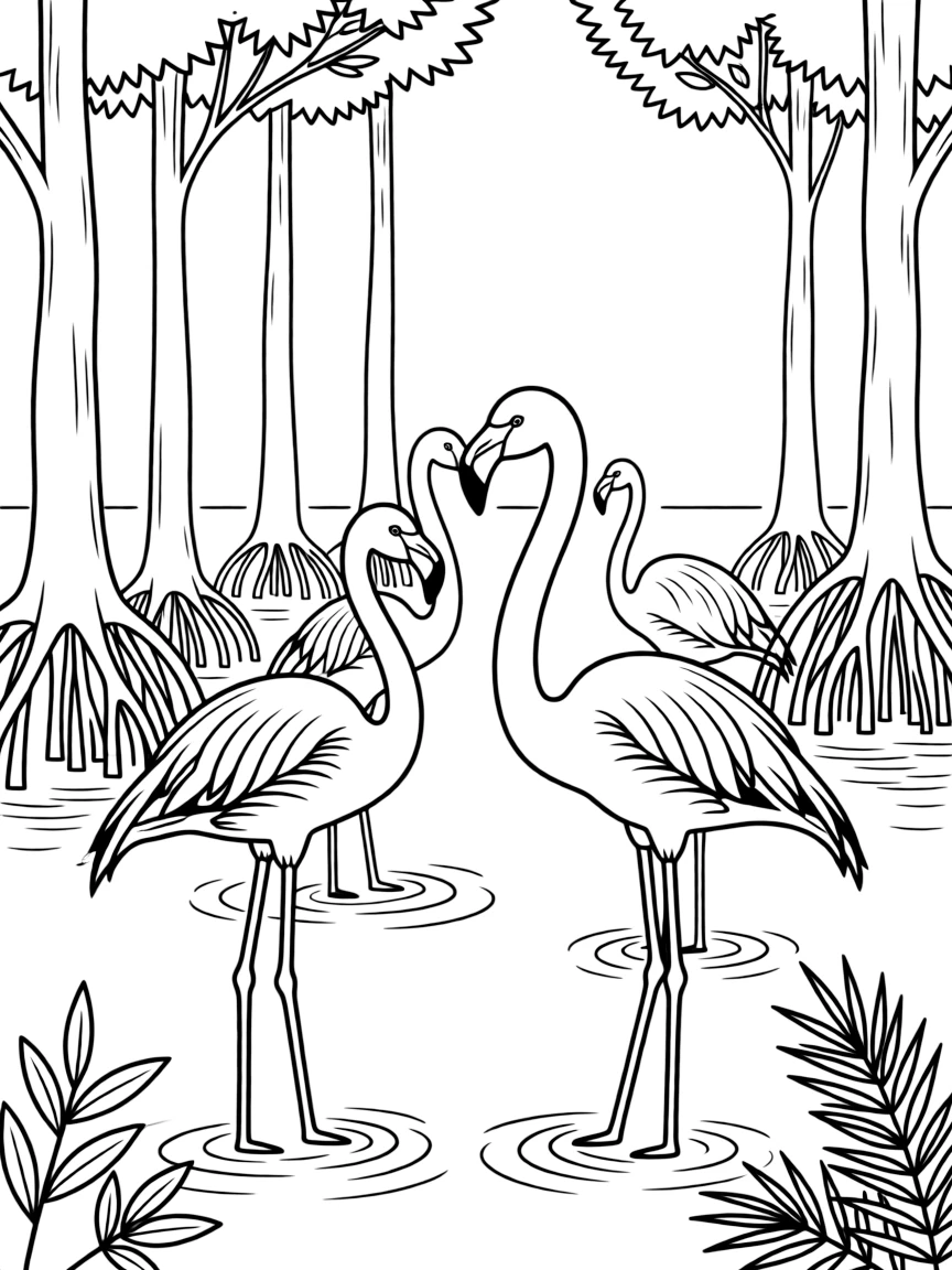 (Qatar) Flamingos standing in the shallow waters of a mangrove forest at Al Thakira