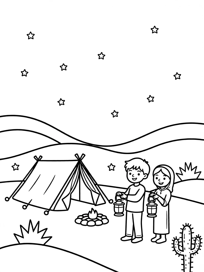 (Qatar) A quiet desert scene with golden sand dunes and a Bedouin tent camp under the stars