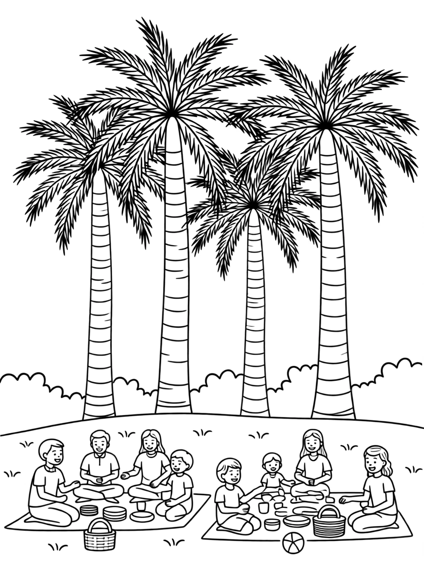 (Qatar) Palm trees and green grass at Aspire Park in Doha, with families having a picnic