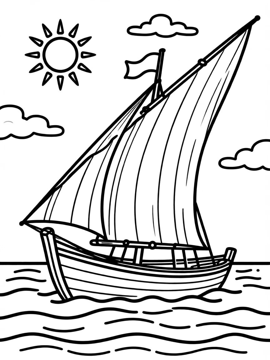 (Qatar) A dhow (traditional wooden boat) sailing on the Persian Gulf with its sails raised