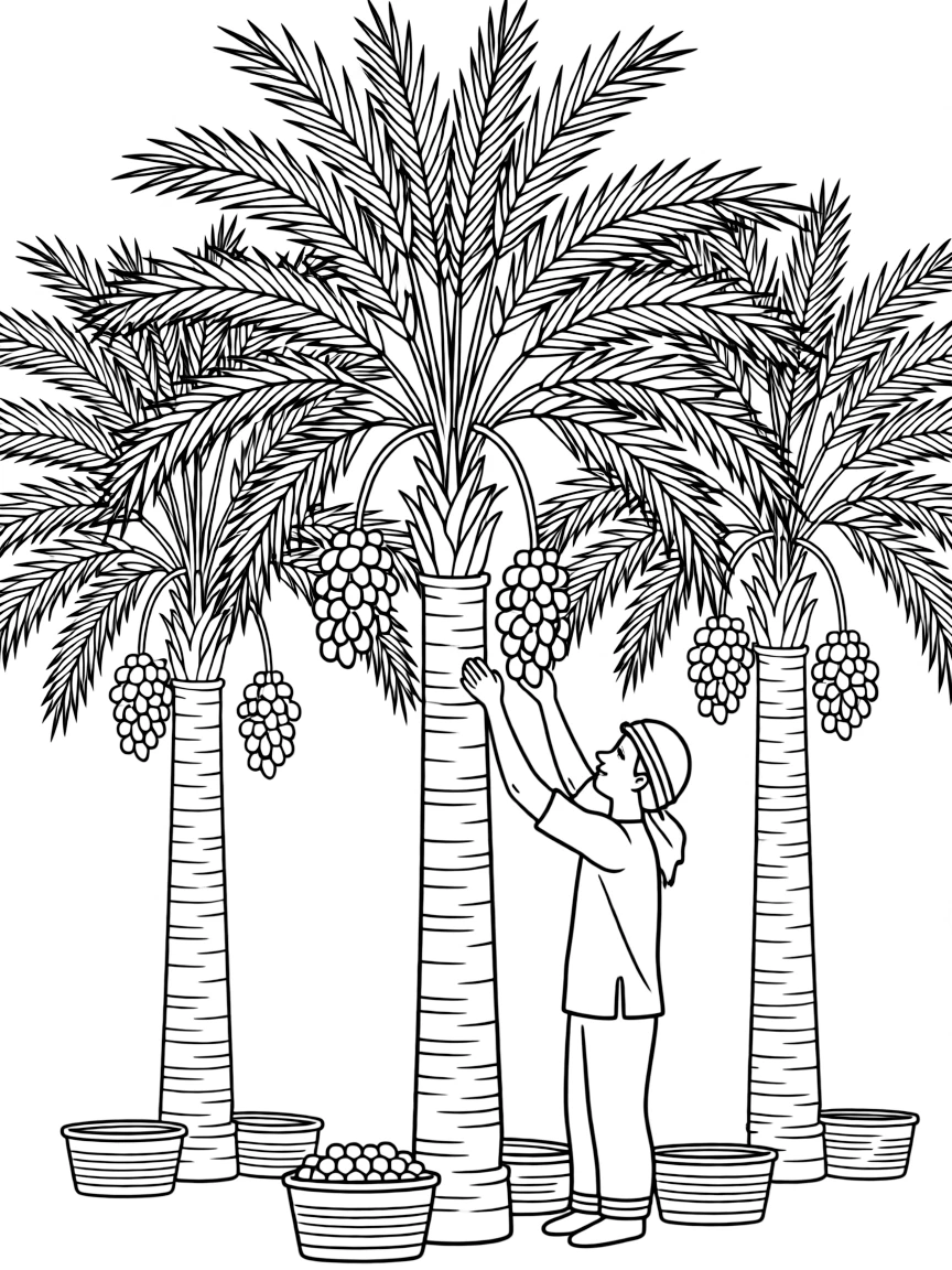 (Qatar) Date palm trees laden with clusters of ripe dates, with a farmer harvesting the fruit