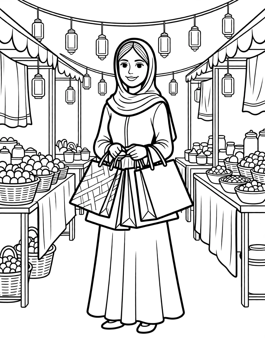 (Qatar) A Qatari woman in an elegant abaya (black cloak) and shayla headscarf carrying shopping bags in the souq