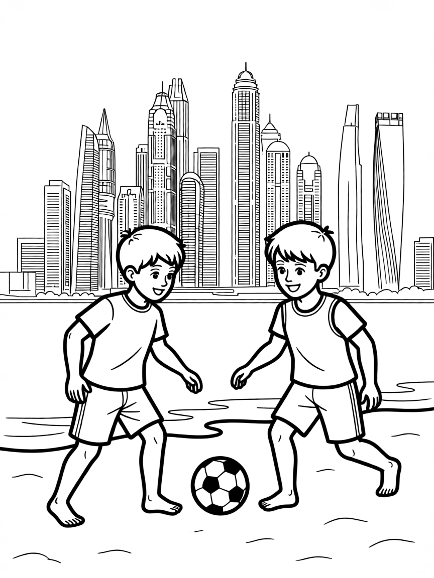 (Qatar) Boys playing football (soccer) on the beach with the Doha skyline in the background (a popular pastime in Qatar)
