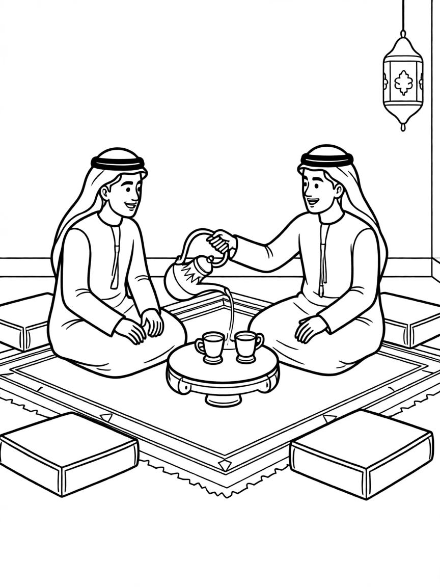 (Qatar) Men sitting in a traditional majlis (sitting area) drinking Arabic coffee from a dallah (coffee pot) and talking