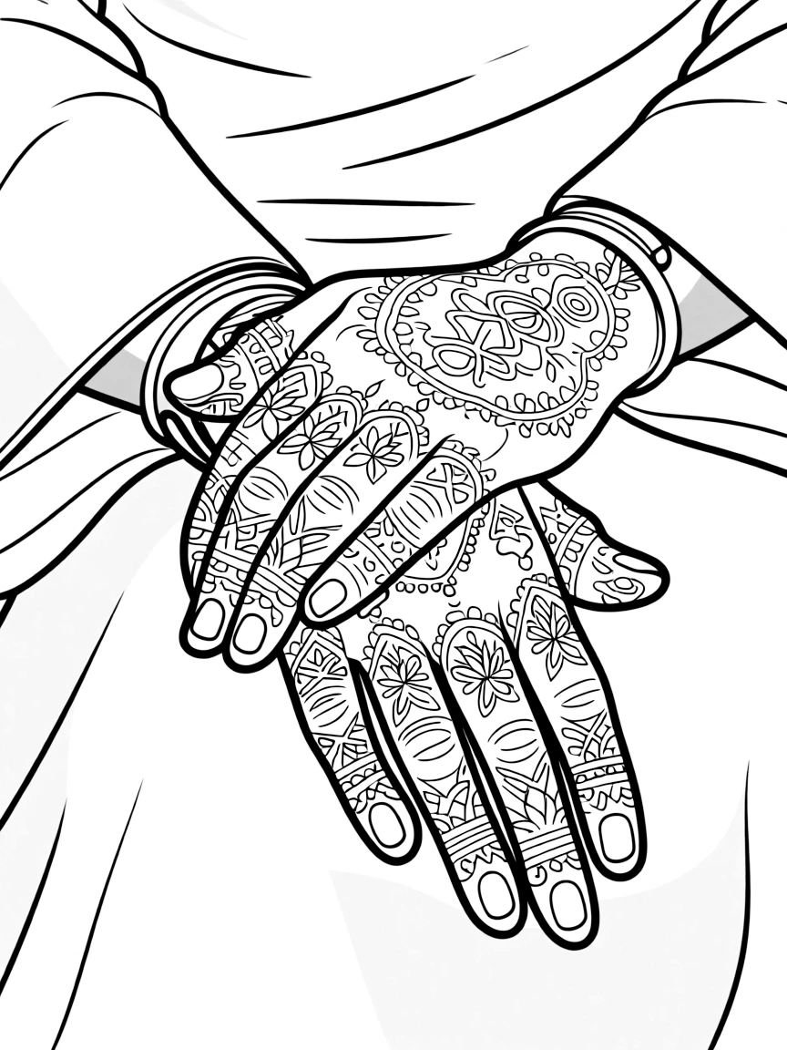 (Qatar) A bride’s hands adorned with intricate henna designs before a Qatari wedding ceremony