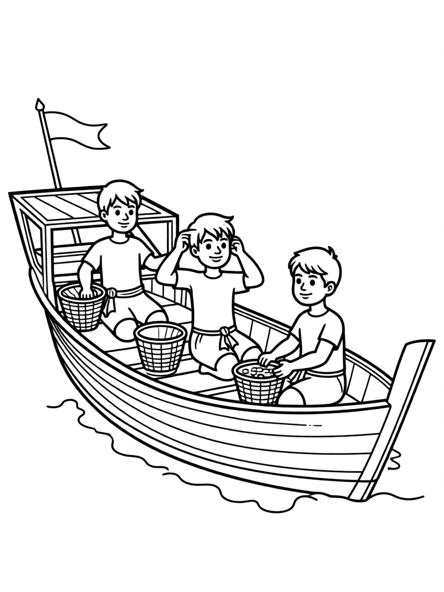 (Qatar) Pearl divers on a boat, preparing to dive with nose clips and woven baskets (honoring Qatar’s pearl-diving heritage)