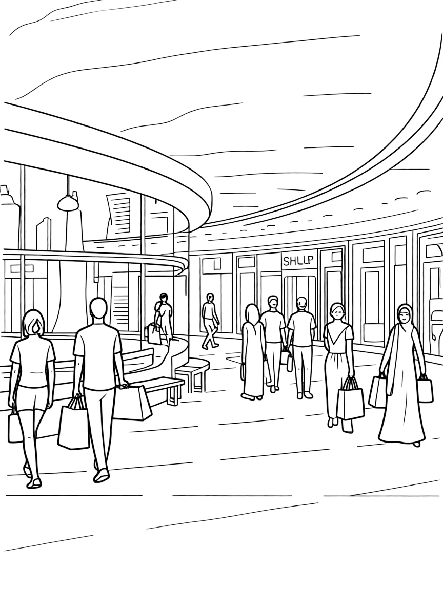(Qatar) People shopping at a modern air-conditioned mall in Doha, blending traditional and modern lifestyles