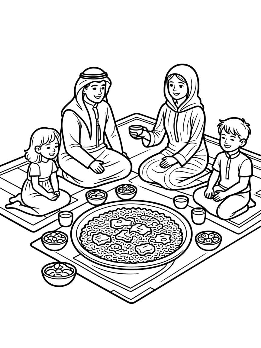 (Qatar) A Qatari family enjoying a meal of machboos (spiced rice and meat dish) while sitting on carpets on the floor