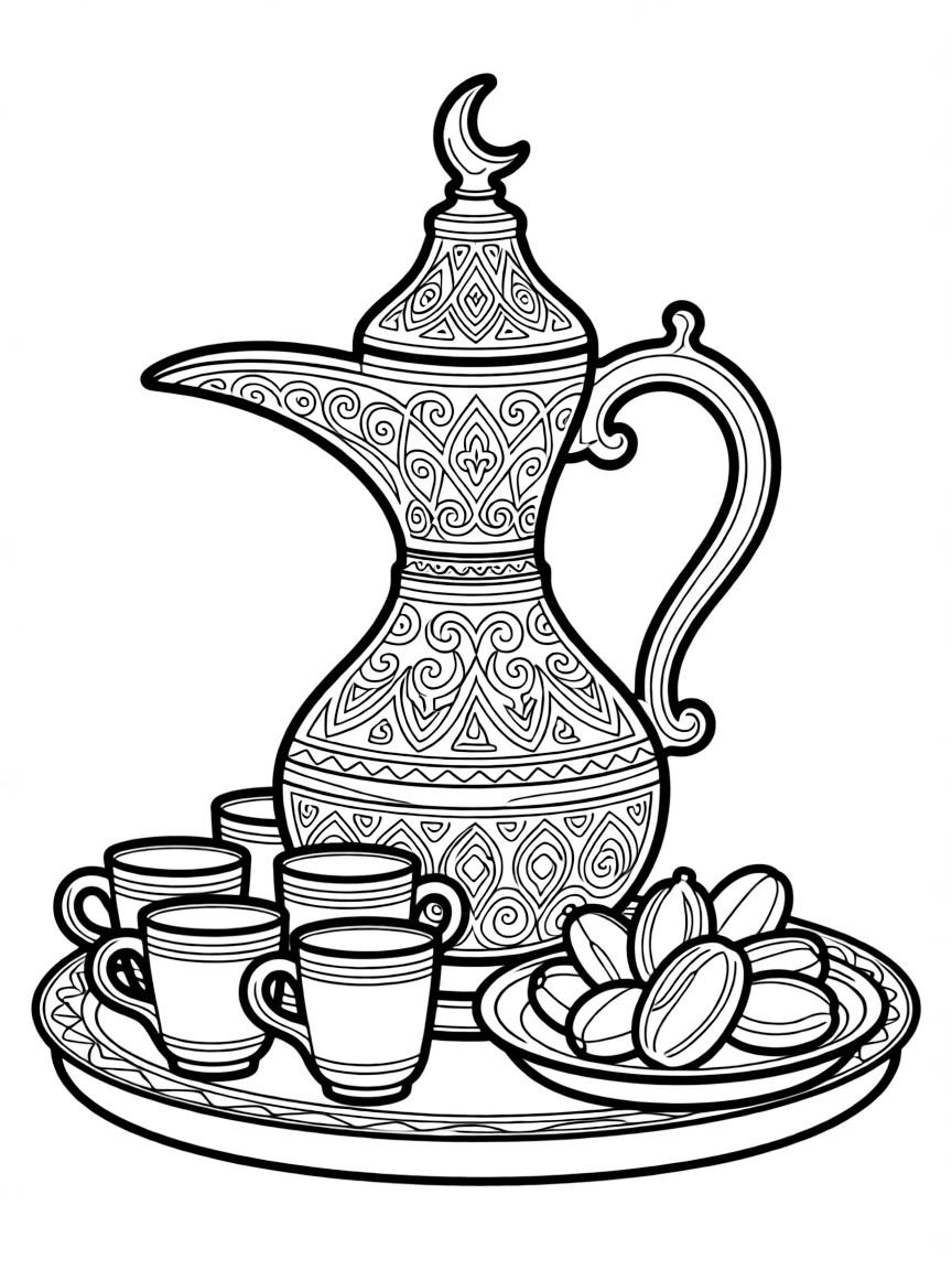 (Qatar) An elaborate Arabic coffee set with a decorative dallah pot and small cups alongside a plate of dates