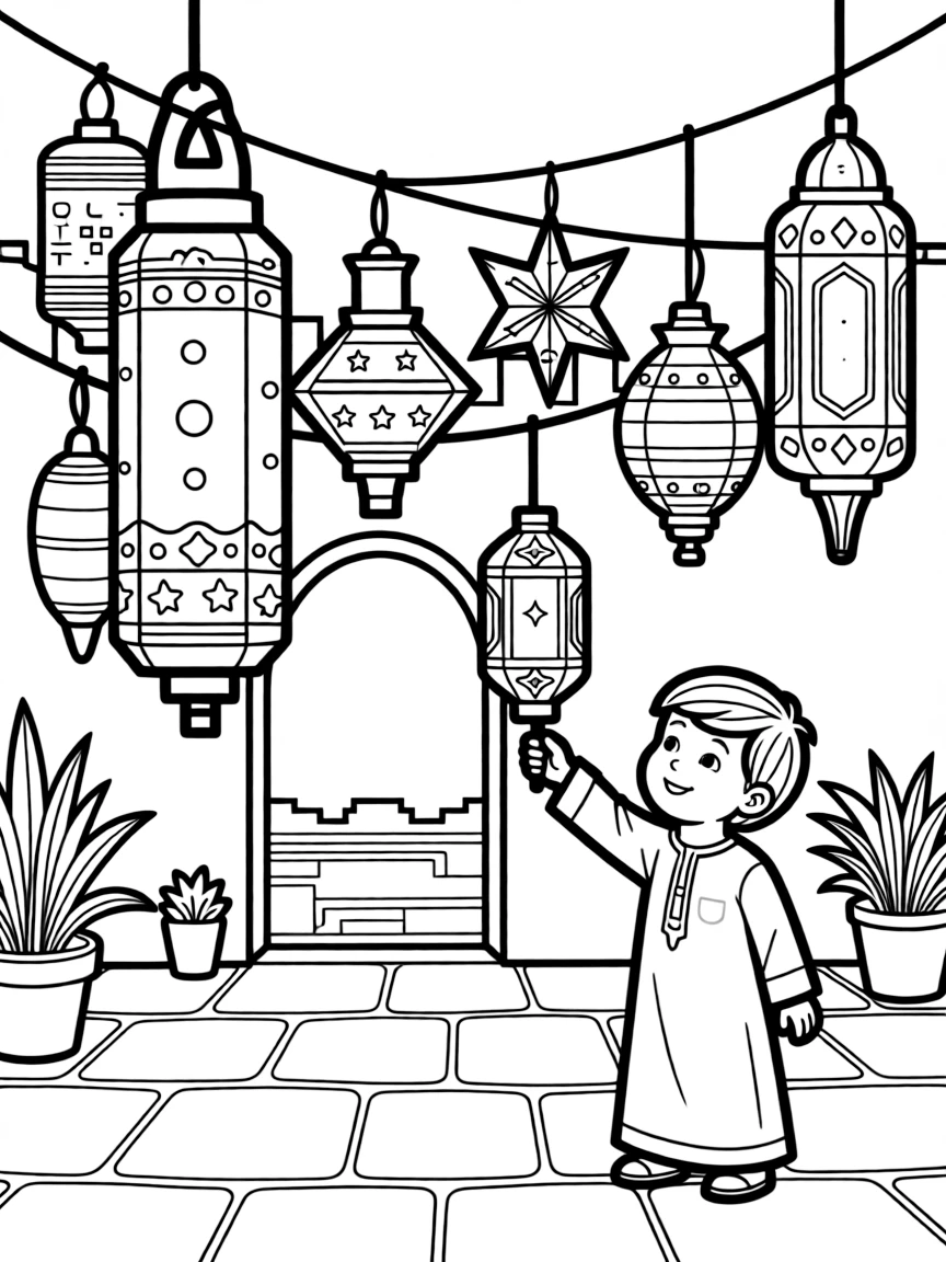 (Qatar) Colorful fanous lanterns hanging and lit for Ramadan evenings in a courtyard