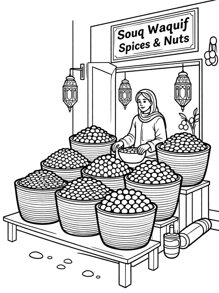 (Qatar) A market stall with heaps of spices, nuts, and dried limes at Doha’s Souq Waqif