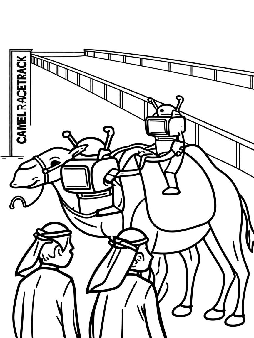 (Qatar) Men preparing to race camels with high-tech robot jockeys at the camel racetrack