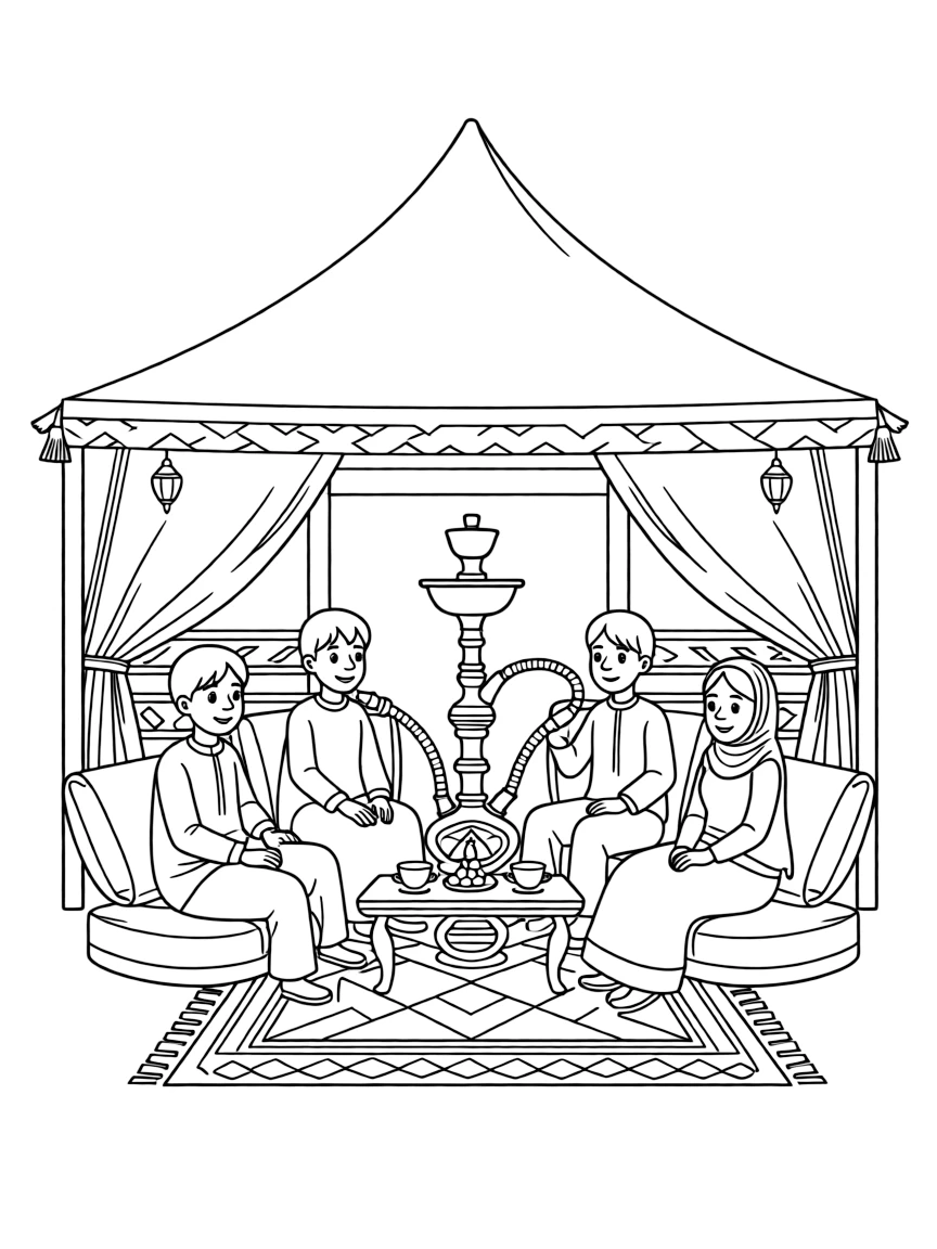 (Qatar) A group of friends smoking shisha (hookah) and relaxing in a traditional tent majlis