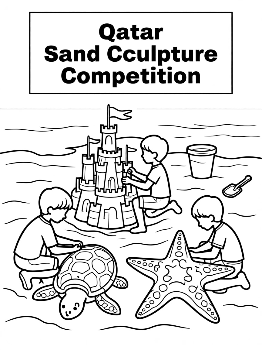 (Qatar) A sand sculpture competition on the beach, with people carving elaborate castles and shapes in the sand