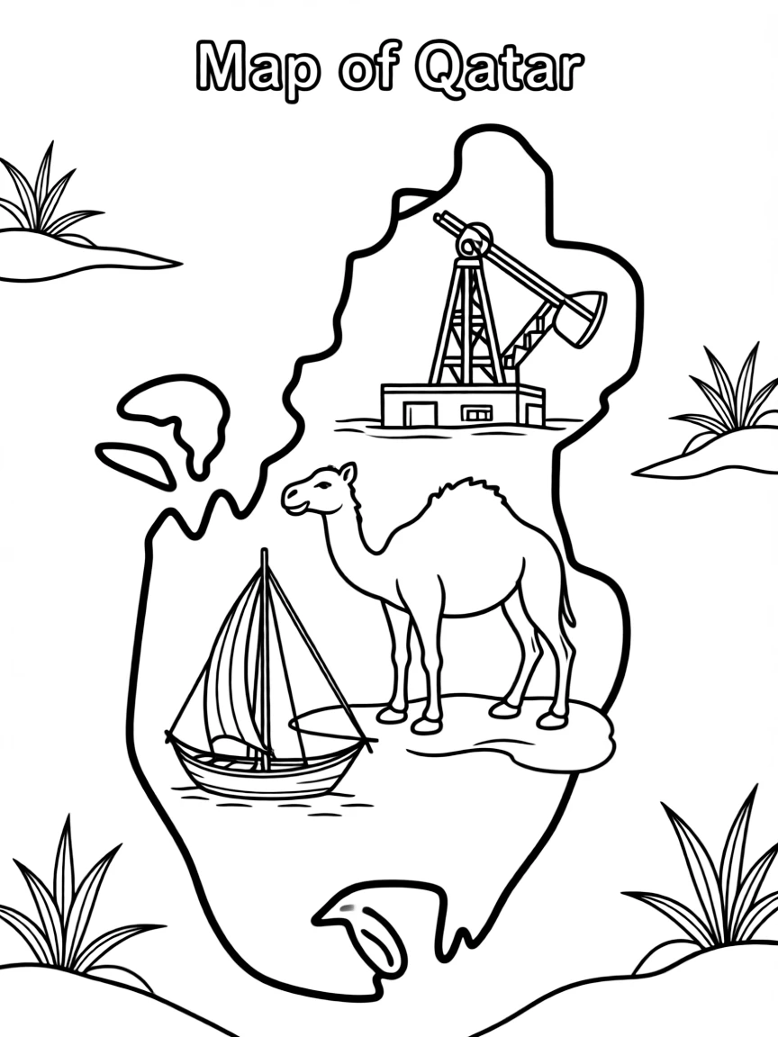(Qatar) A map of Qatar with drawings of a camel, a dhow boat, and an oil rig (showing key things the country is known for)