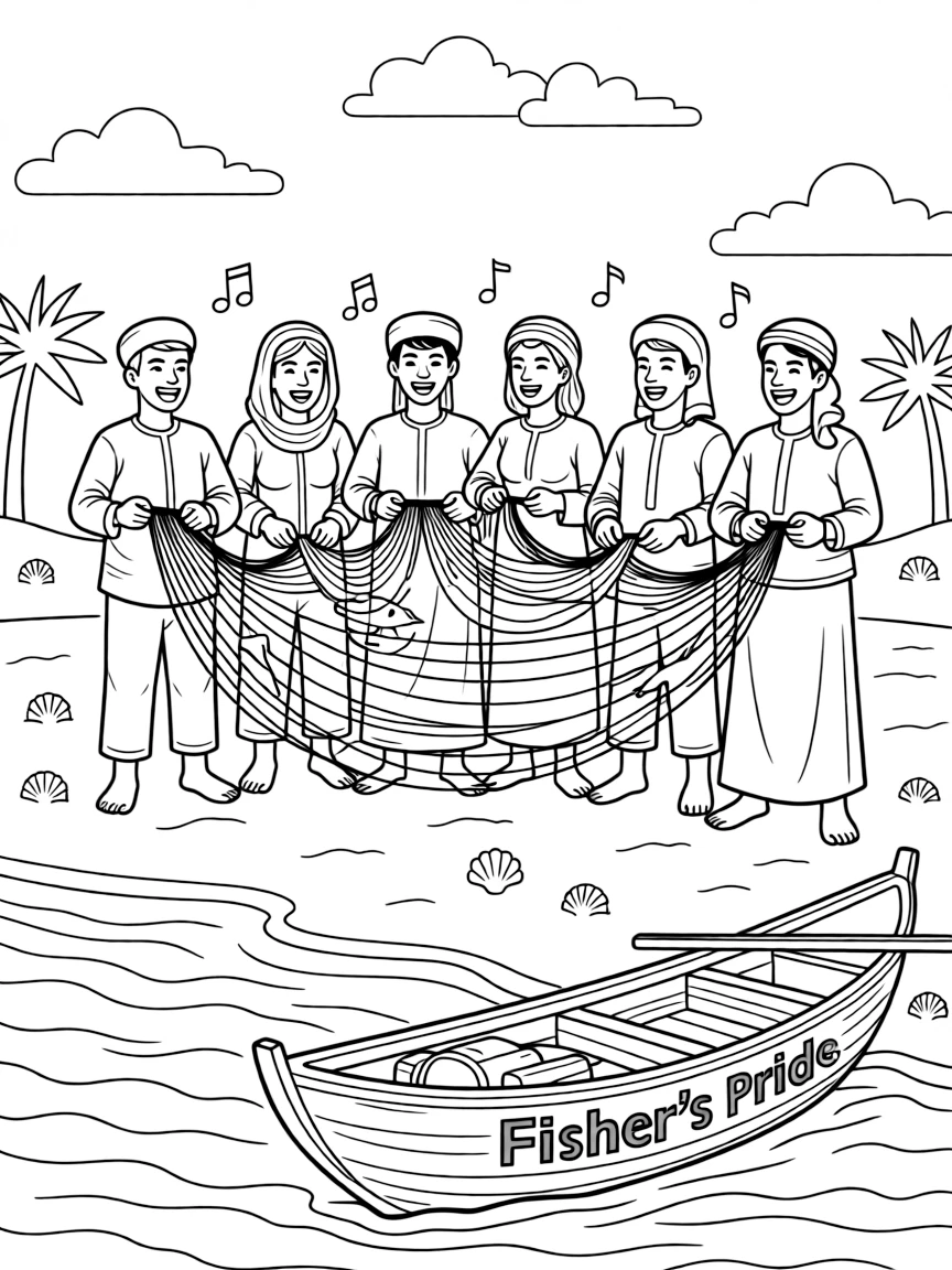 (Qatar) Villagers singing a traditional sea shanty as they pull in fishing nets on the beach