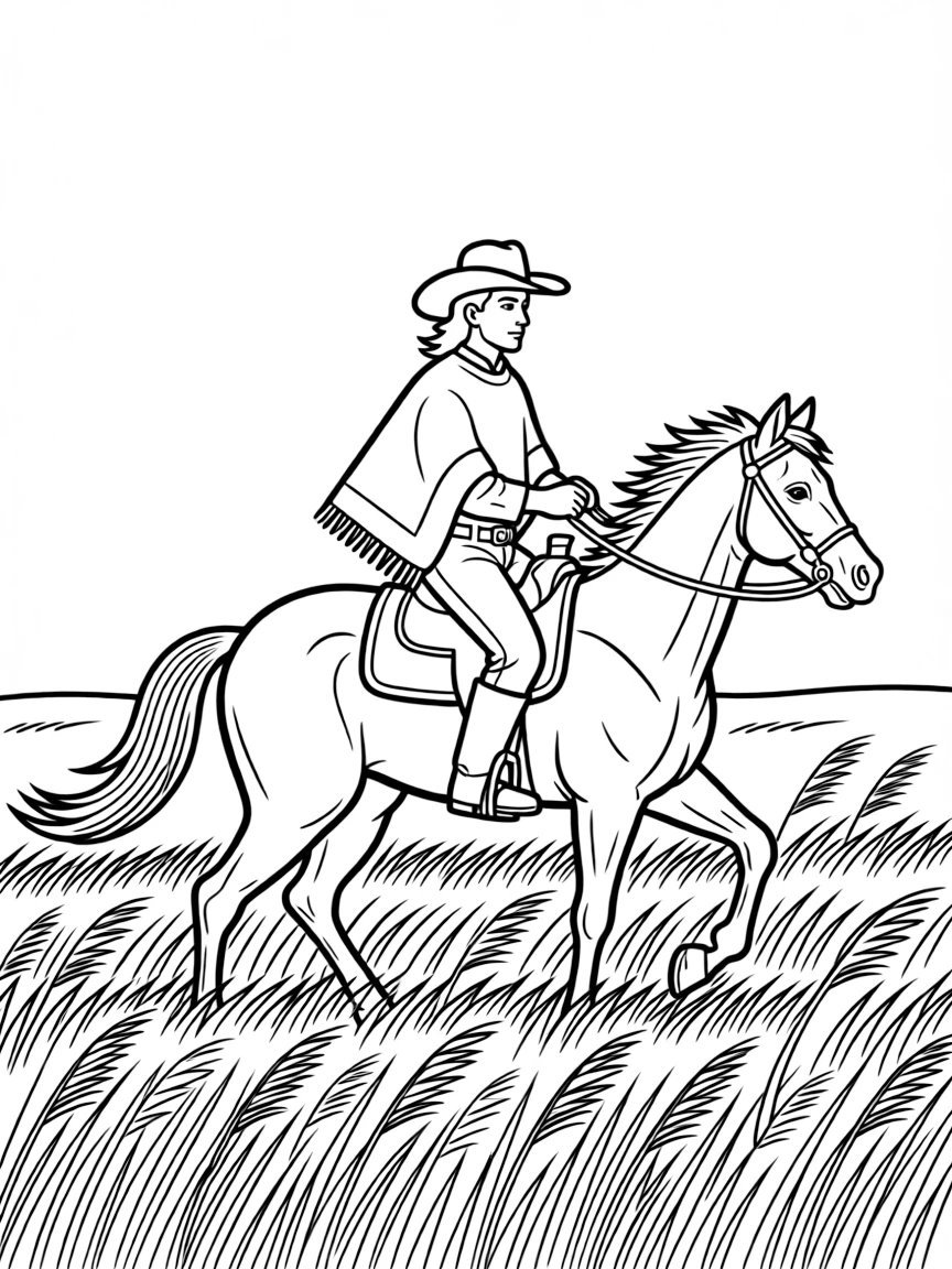 (Argentina) A gaucho (cowboy) riding a horse across the Pampas grasslands, wearing a poncho and hat.
