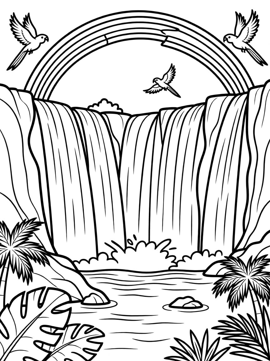 (Argentina) The Iguazu Falls pouring over cliffs with a rainbow and tropical birds flying around.