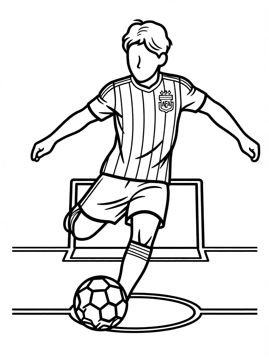 (Argentina) A soccer player wearing Argentina’s blue-and-white jersey and kicking a ball on a field.