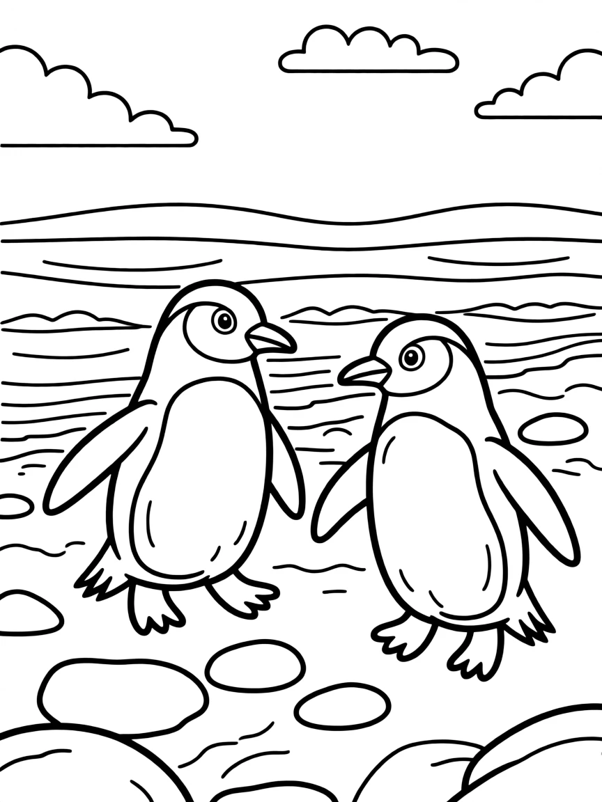 (Argentina) Penguins waddling on a rocky beach in Patagonia with the ocean in the background.