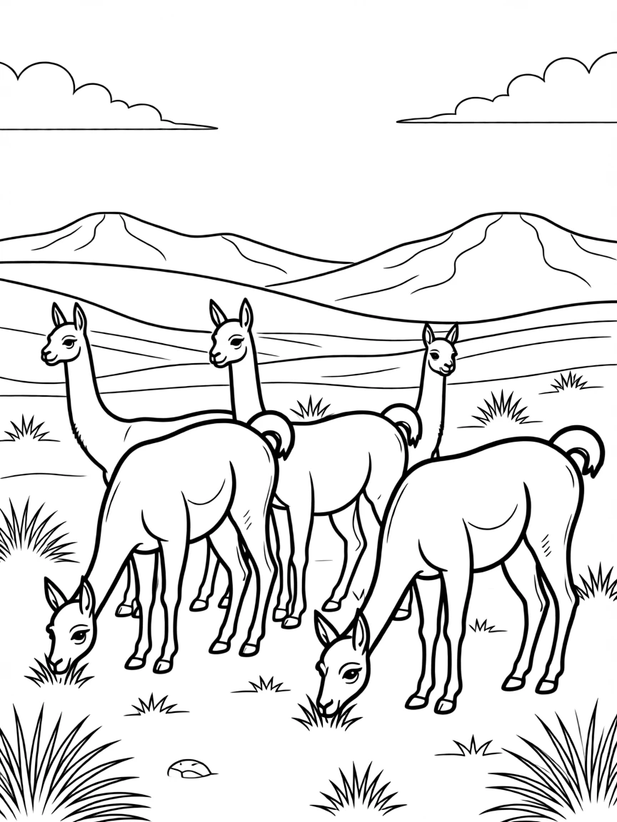 (Argentina) A herd of wild guanacos (similar to llamas) grazing in the Patagonian plains.