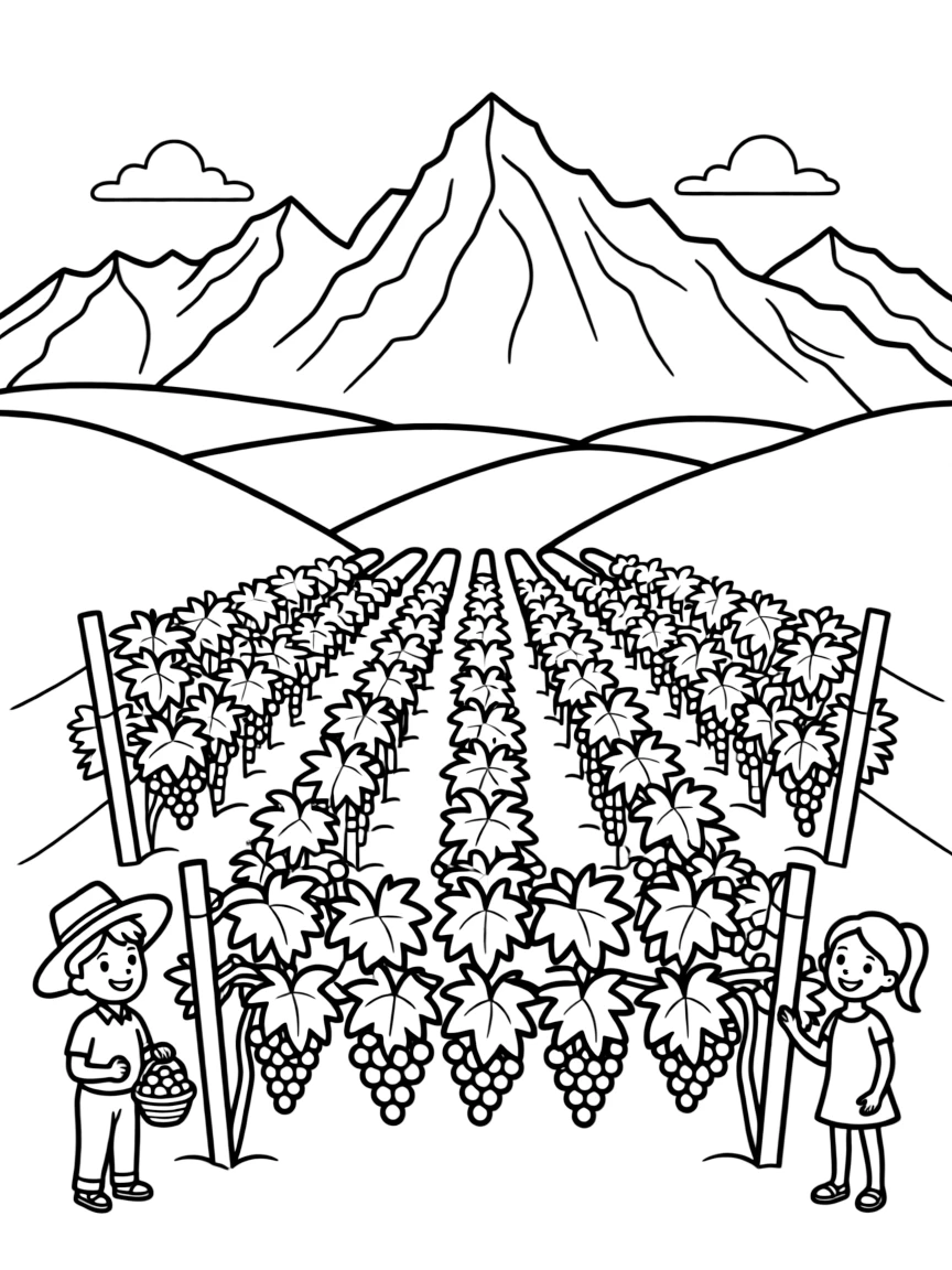 (Argentina) A vineyard in Mendoza with rows of grapevines and the Andes in the distance.