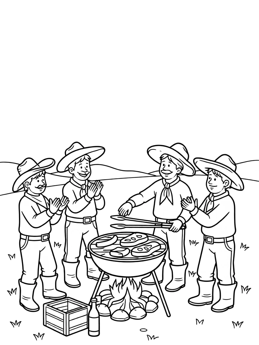 (Argentina) Gauchos gathered around a campfire having an asado (barbecue) with meat on a grill.