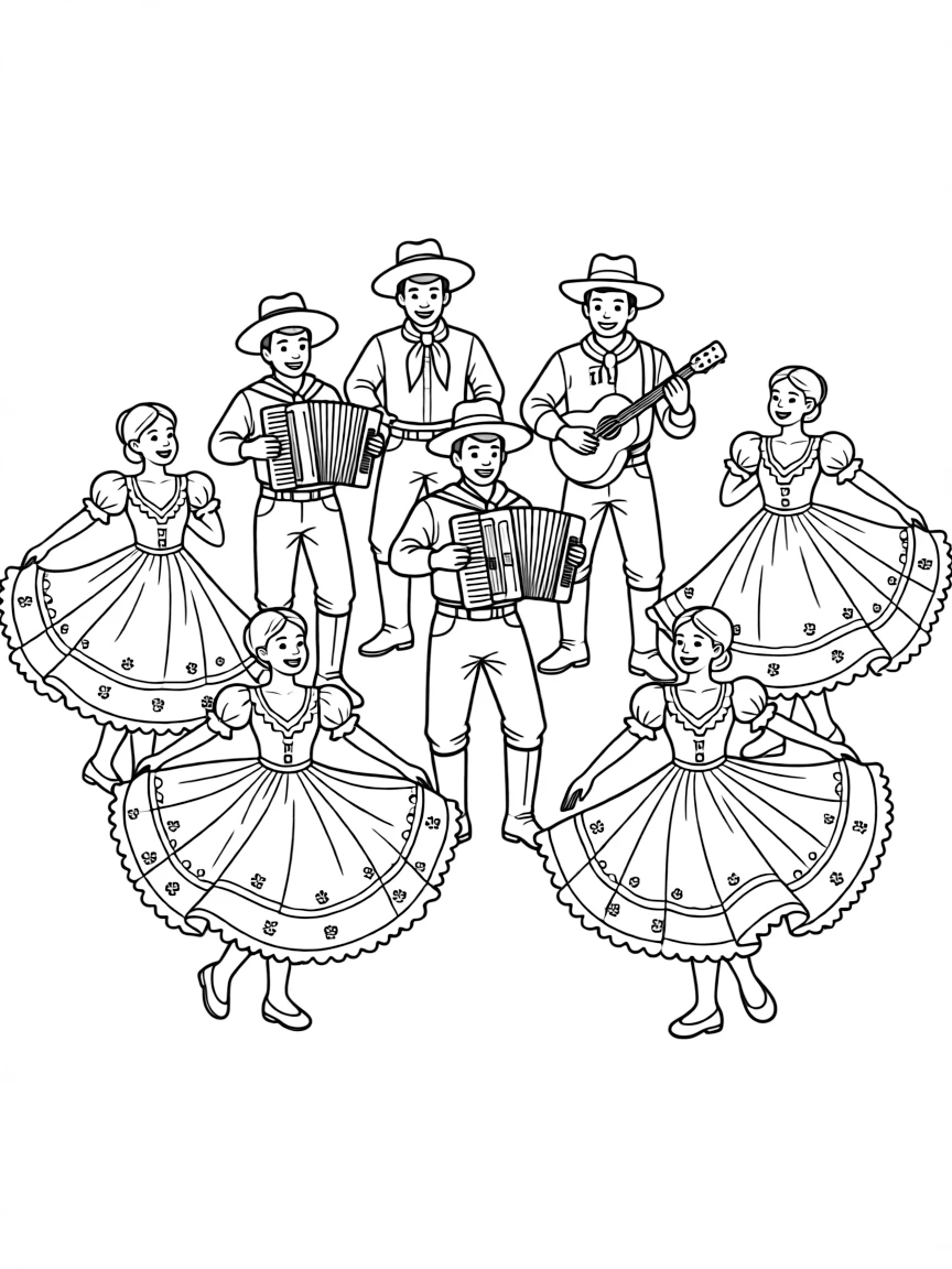 (Argentina) A festive folk dance with men in gaucho outfits and women in colorful dresses twirling.