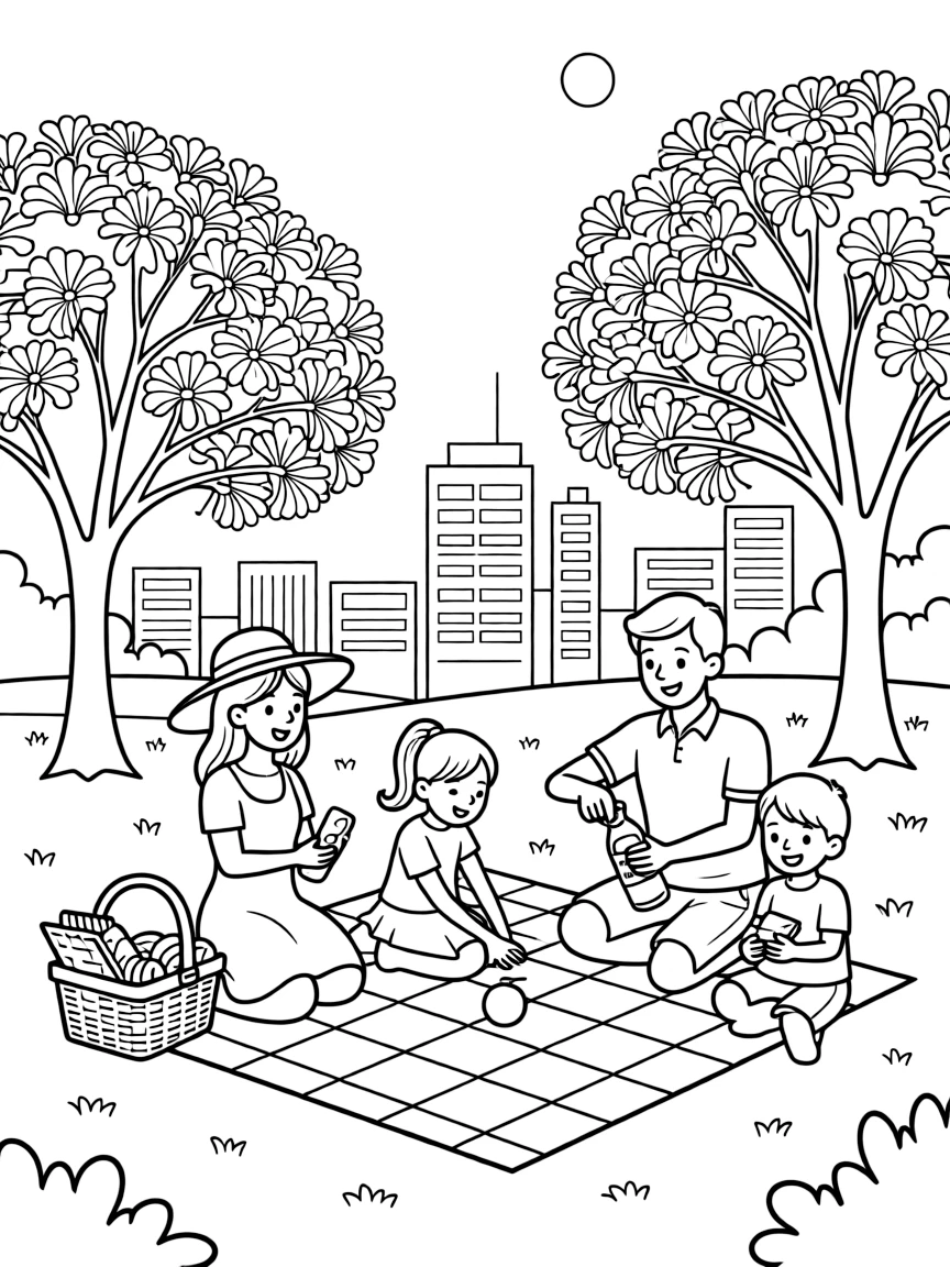 (Argentina) A family enjoying a picnic under blooming jacaranda trees in a city park.