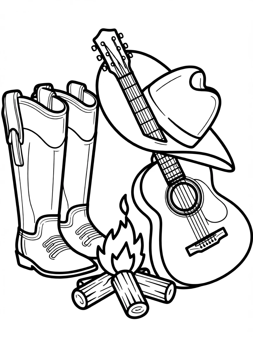 (Argentina) A gaucho’s gear: leather boots, a wide-brimmed hat, and a guitar resting by a campfire.