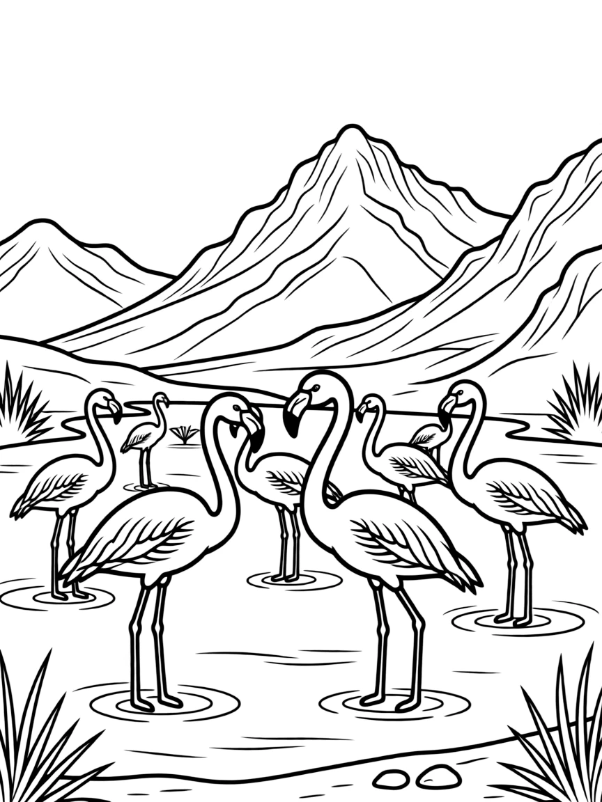 (Argentina) A flock of pink flamingos standing in a shallow lake high in the Andes of Argentina.