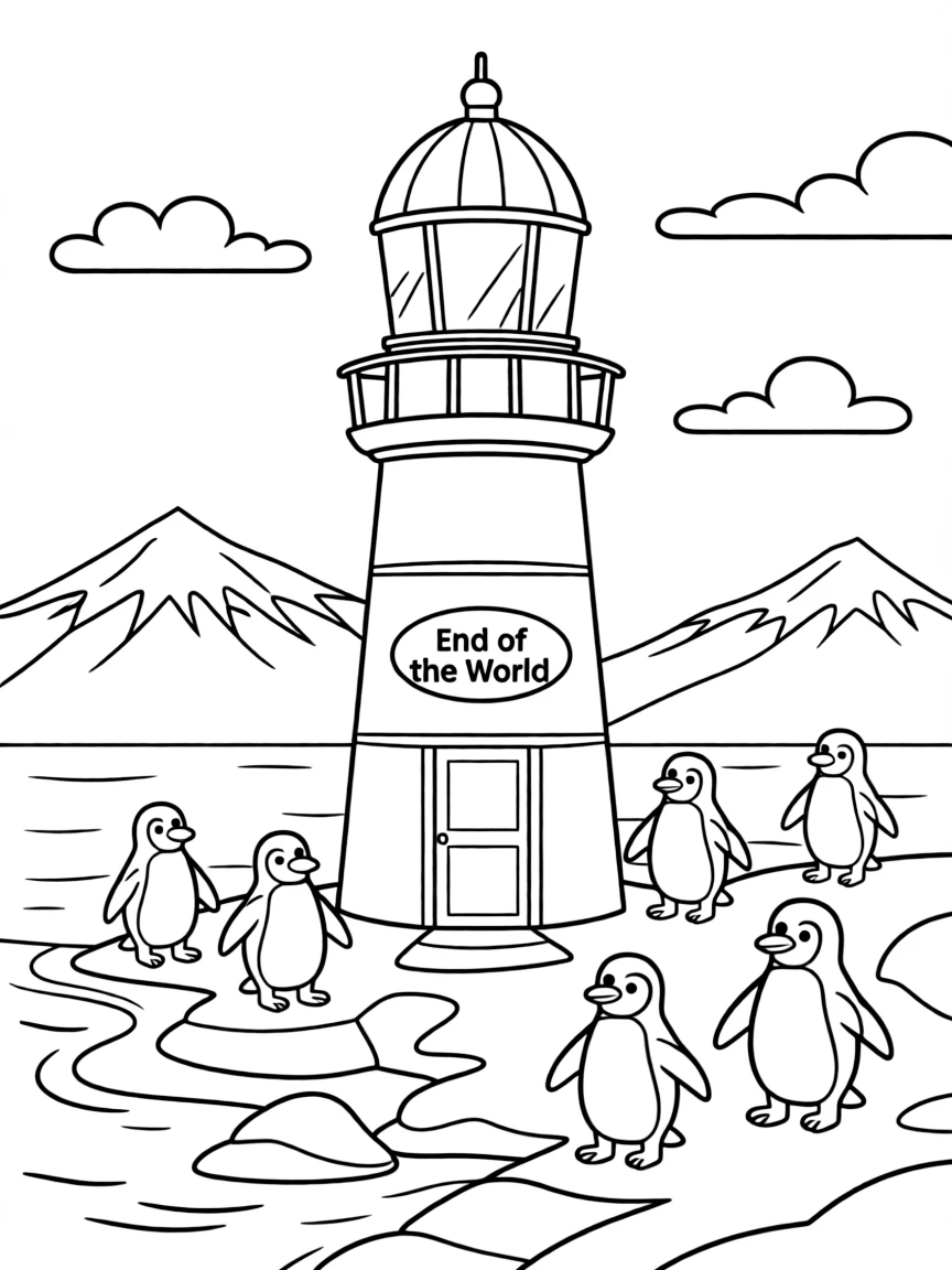 (Argentina) A lighthouse at the "End of the World" in Ushuaia with penguins gathered nearby.
