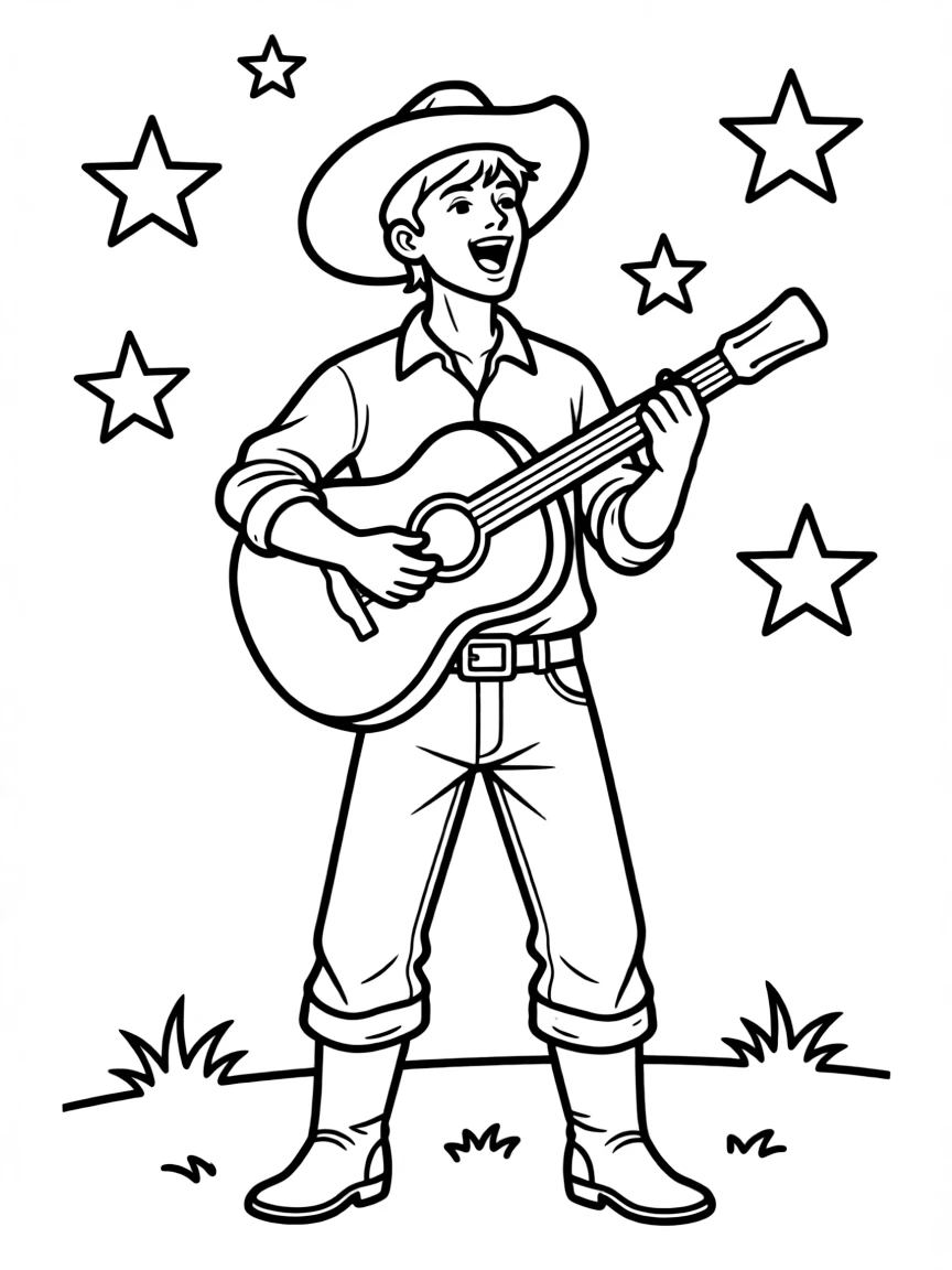 (Argentina) An Argentine cowboy (gaucho) playing a guitar and singing under a starry sky.