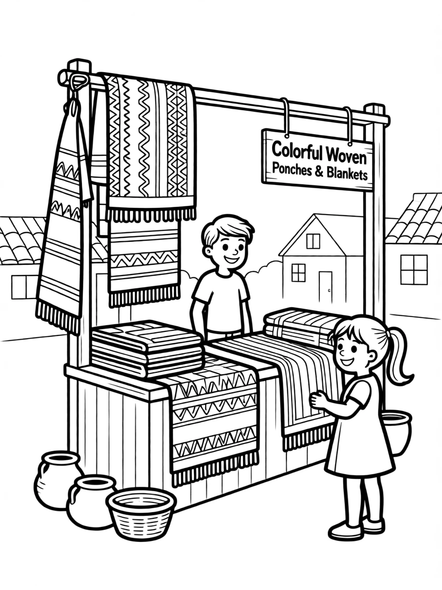 (Argentina) A market stall selling colorful woven ponchos and blankets in a village.