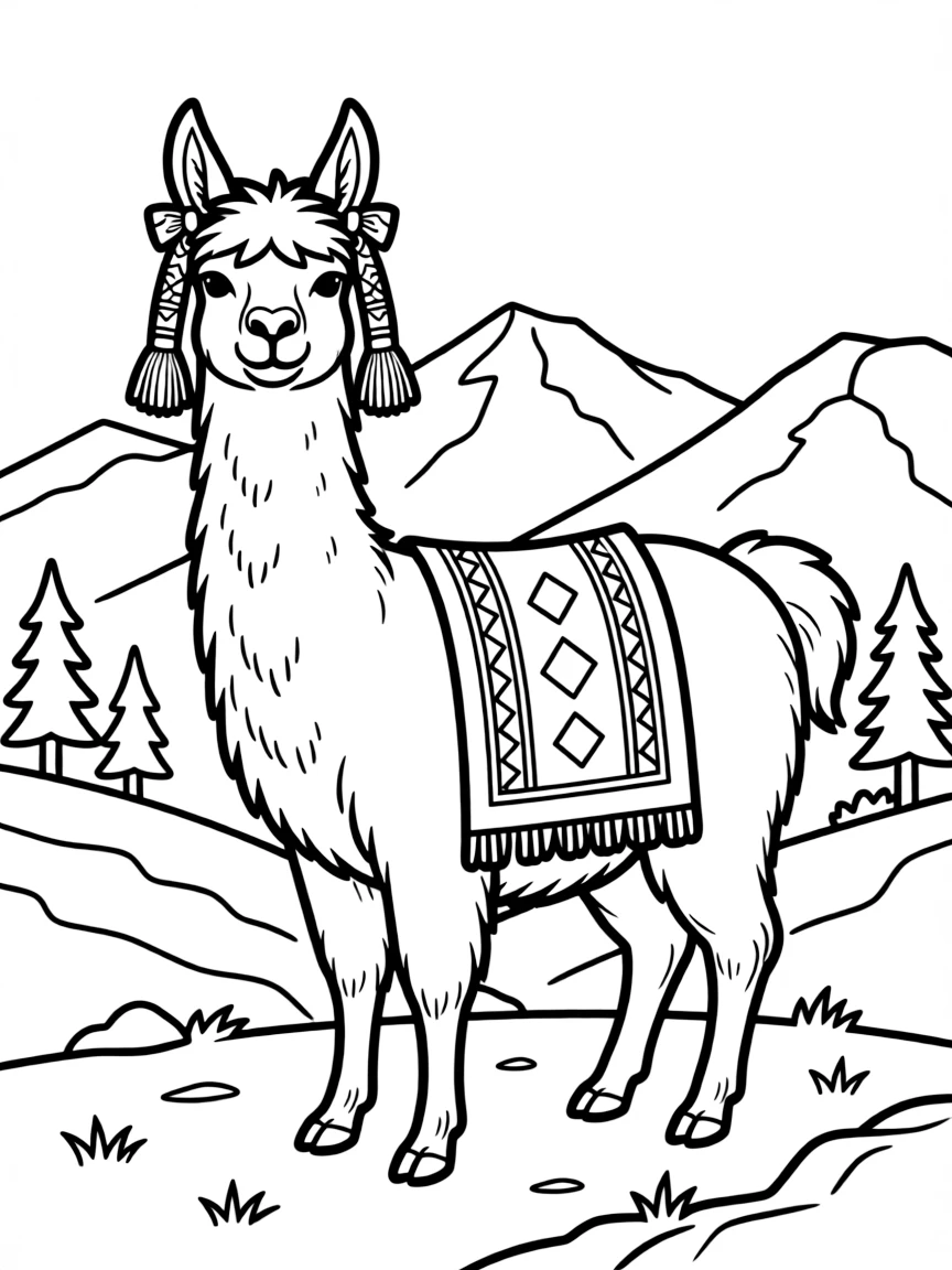 (Argentina) A llama decorated with bright woven ribbons and tassels on its ears in the mountains.