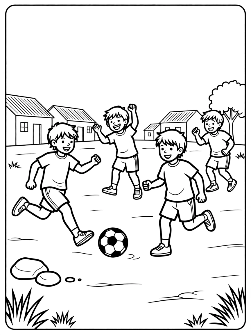 (Argentina) Children playing football (soccer) on a dirt field in an Argentine village.