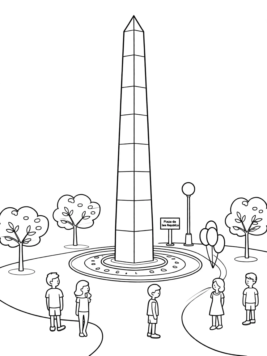 (Argentina) The Obelisk of Buenos Aires standing tall in the city center with people around.
