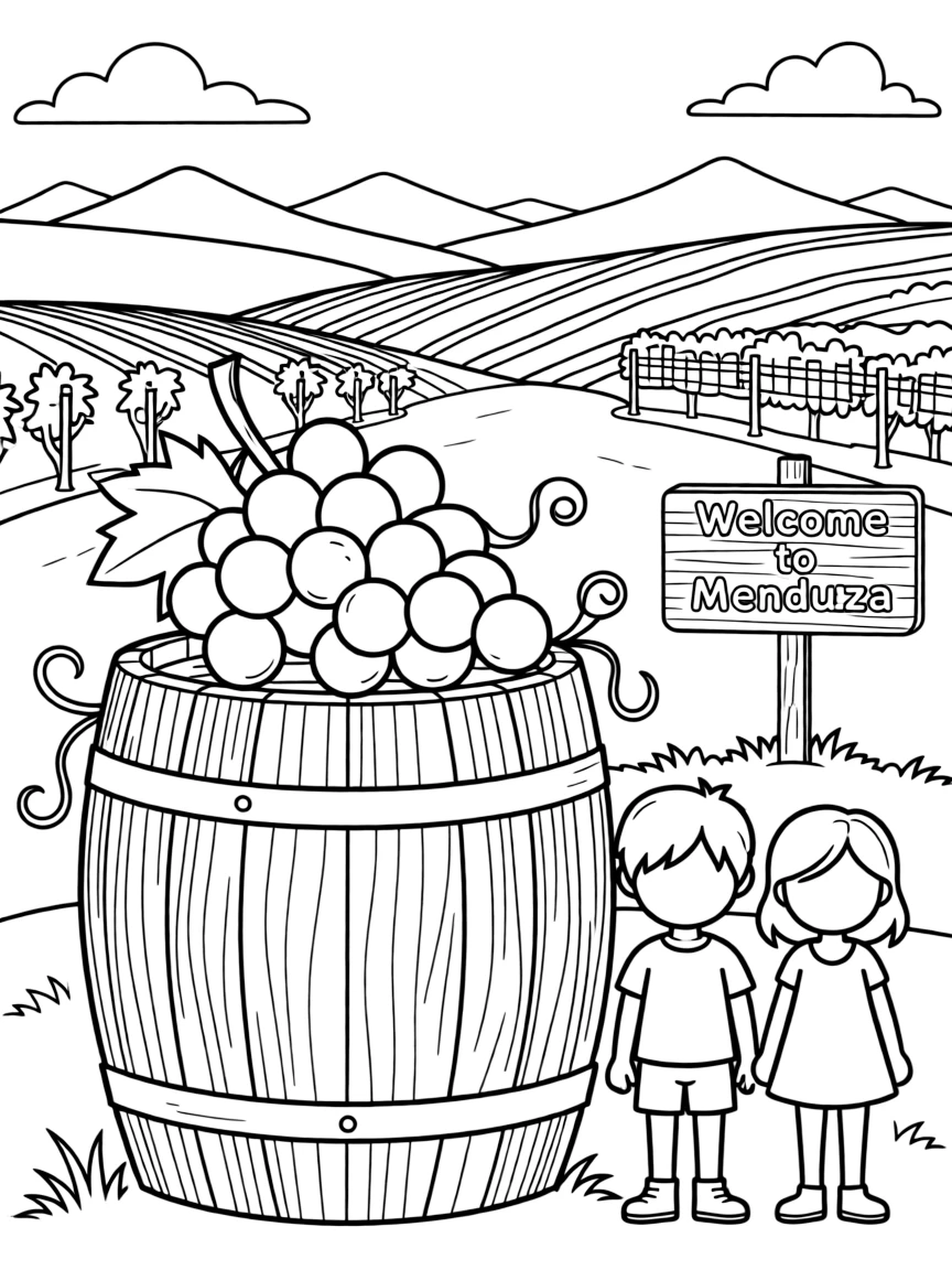 (Argentina) Grapes and a wine barrel celebrating Argentina’s famous Mendoza wine country.