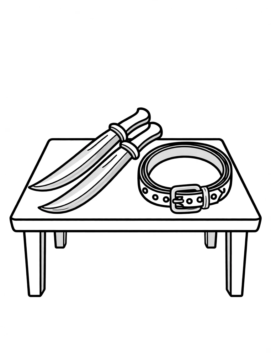 (Argentina) Traditional gaucho knives and a silver belt (facón and rastra) displayed on a table.