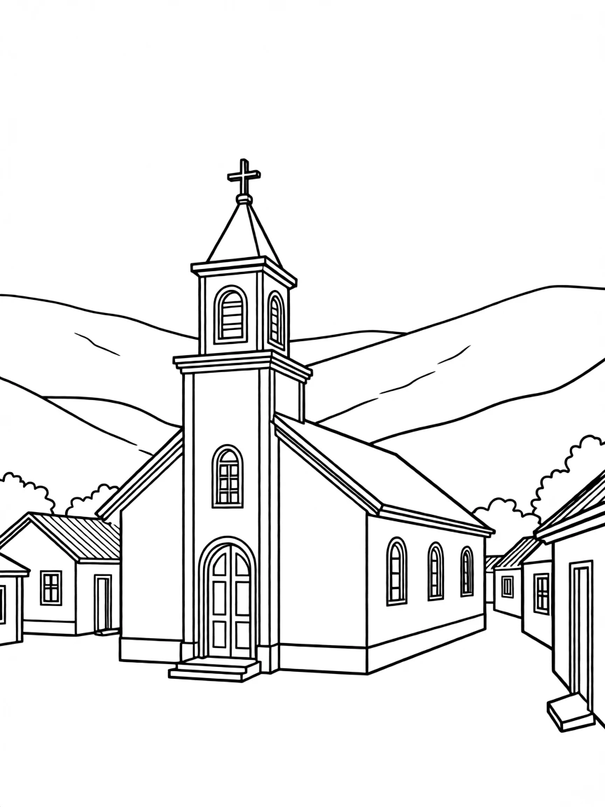 (Argentina) A colonial-style white church in a small town with the Andes in the background.