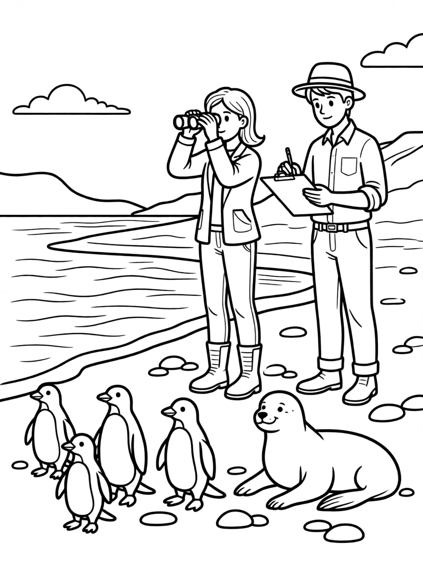 (Argentina) Scientists observing penguins and sea lions on a Patagonian shore.