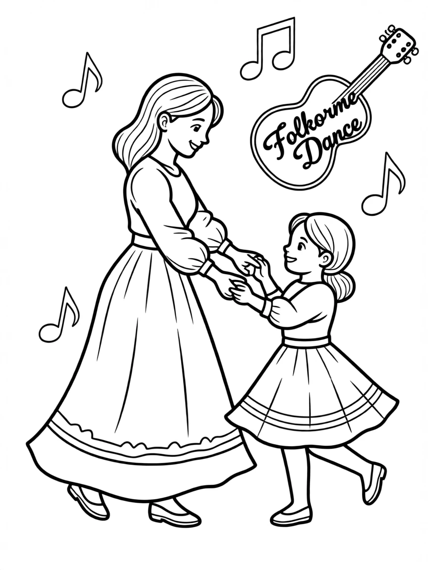 (Argentina) A mother and daughter in traditional dress dancing a folklore dance together.