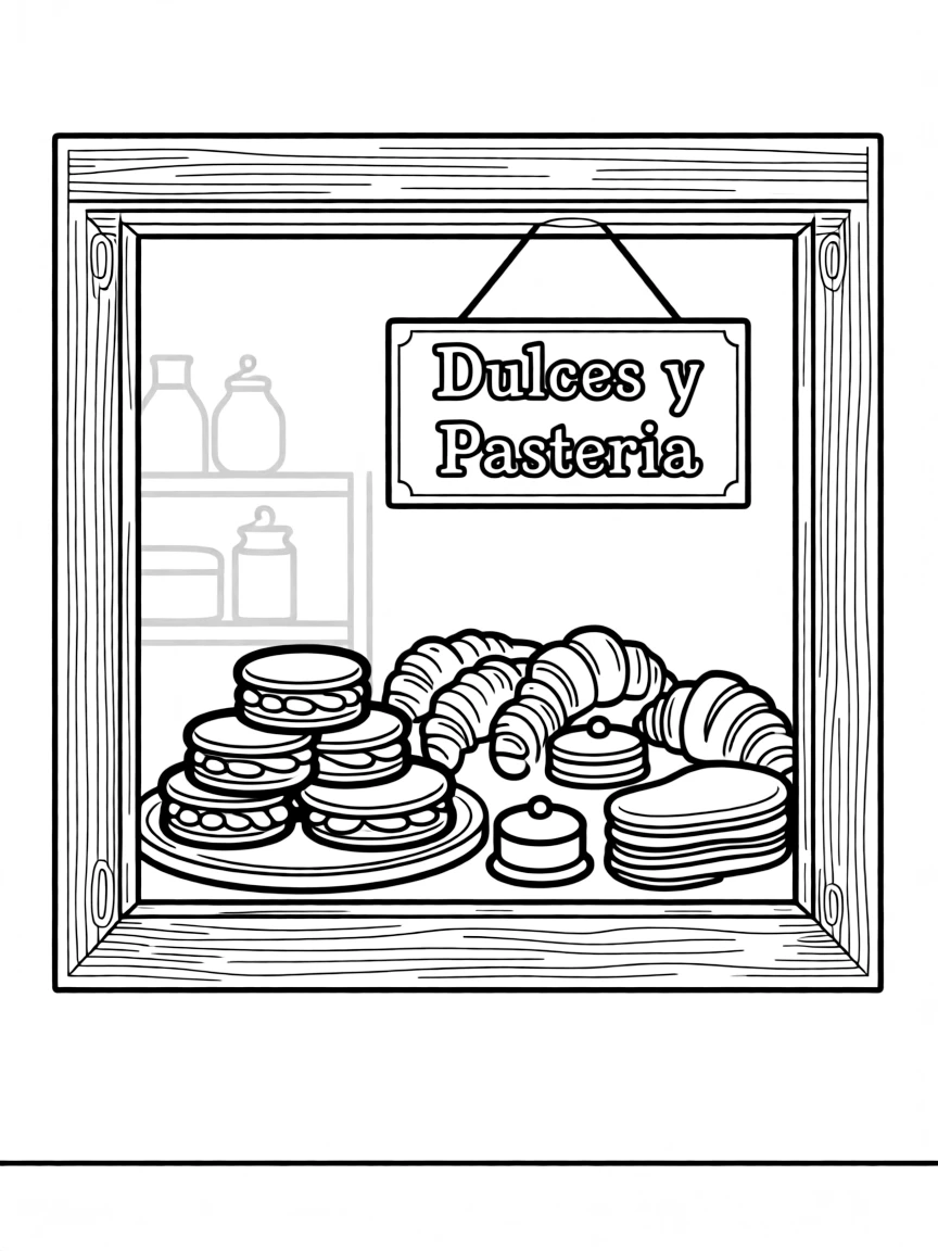 (Argentina) A bakery shop window showing sweets like alfajores (cookie sandwiches) and pastries.