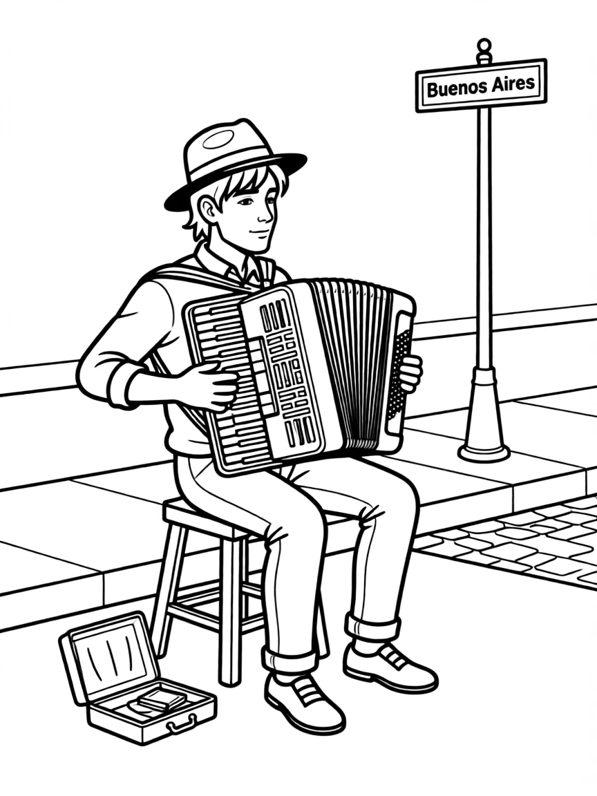 (Argentina) A street musician playing the bandoneon (tango accordion) on a Buenos Aires sidewalk.