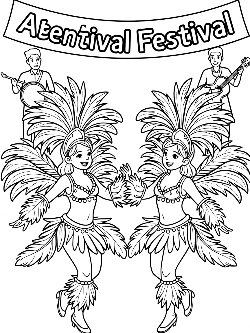 (Argentina) Dancers in feathered Carnival costumes parading with music in an Argentine festival.