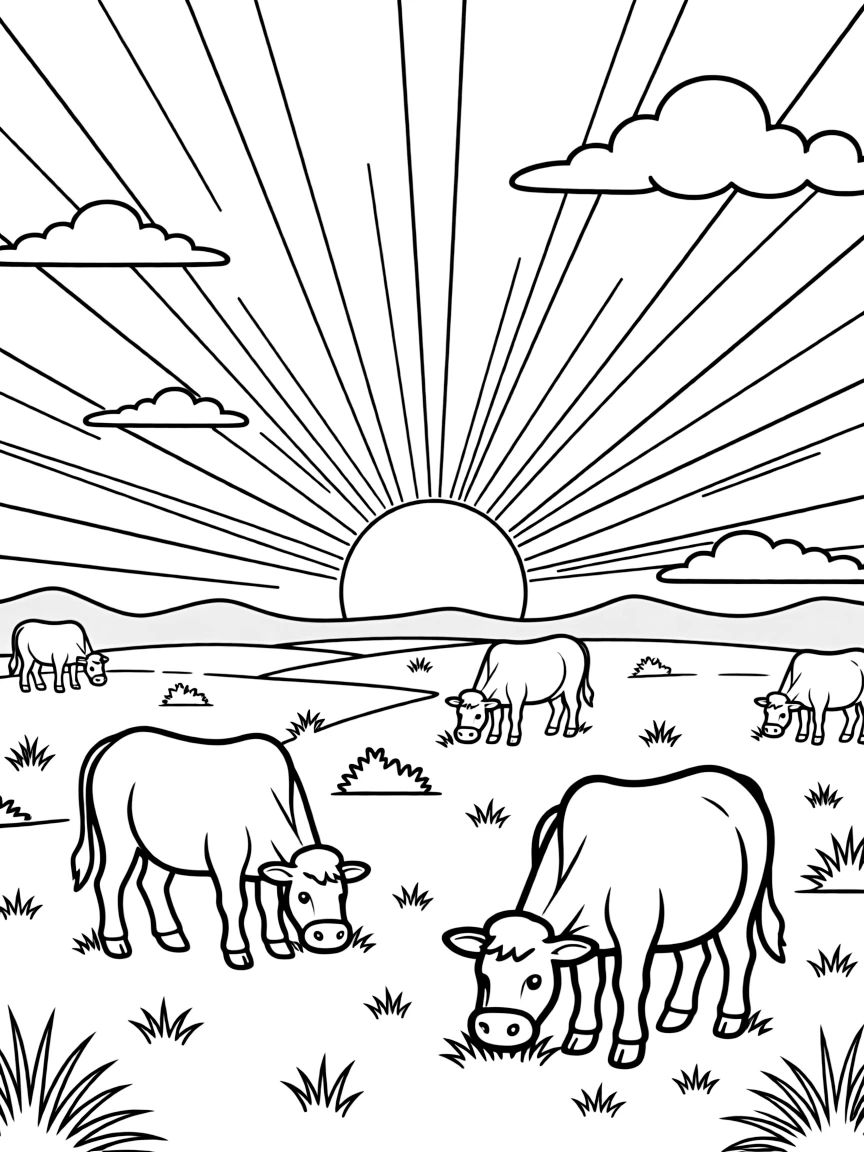 (Argentina) Cattle grazing on the wide Pampas plains under a big open sky at sunset.