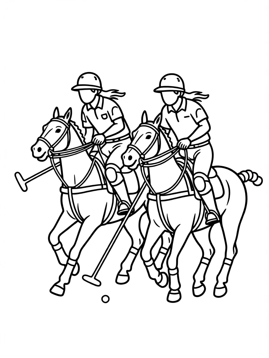 (Argentina) Two polo players on horseback in Argentina, swinging mallets to hit a ball.