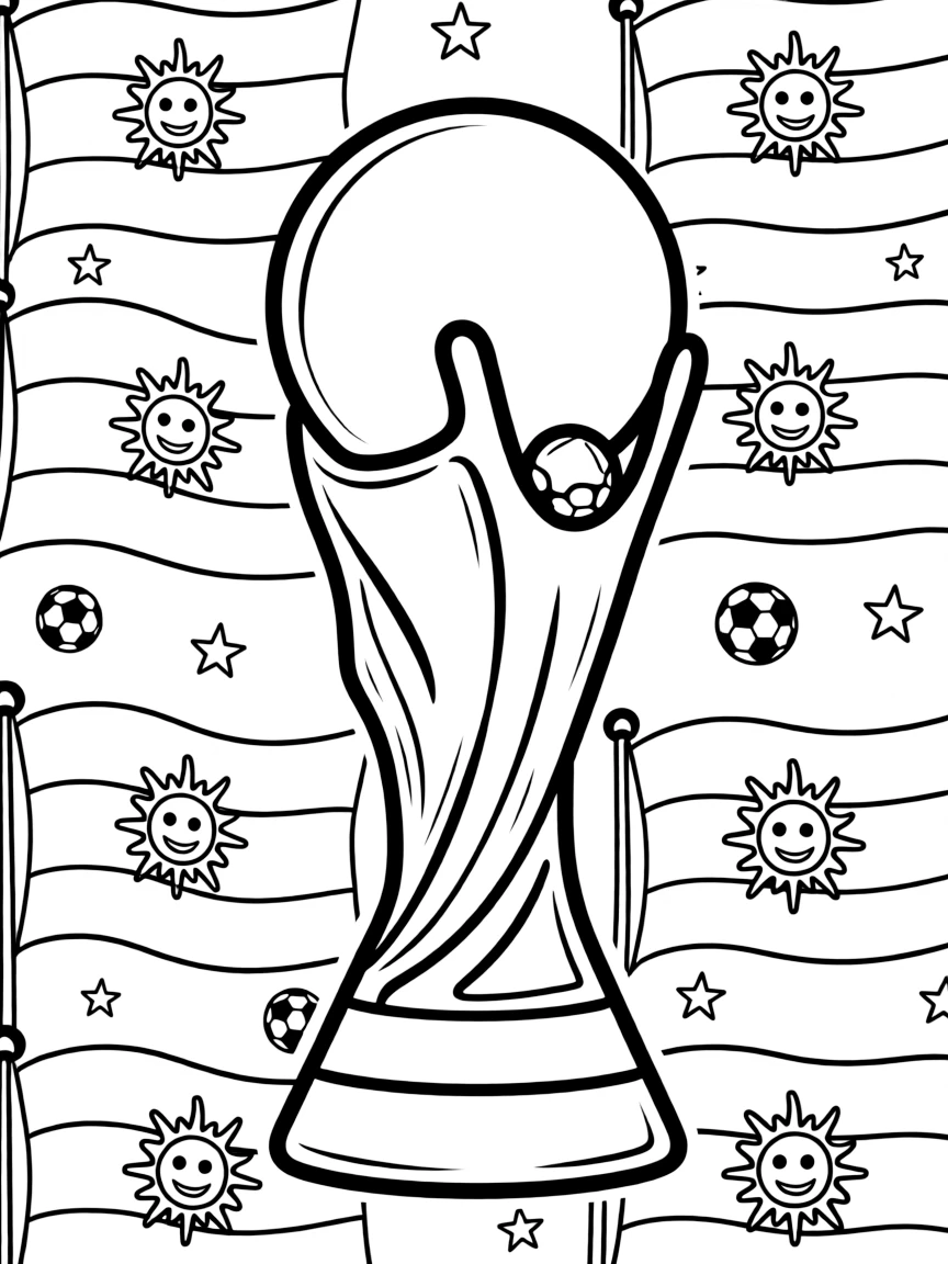 (Argentina) A shiny World Cup soccer trophy with Argentina’s flag colors decorating the background.